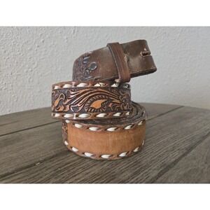 Vintage Tooled Leather Floral Scroll Wesrern Belt White Laced Space For Name 43"